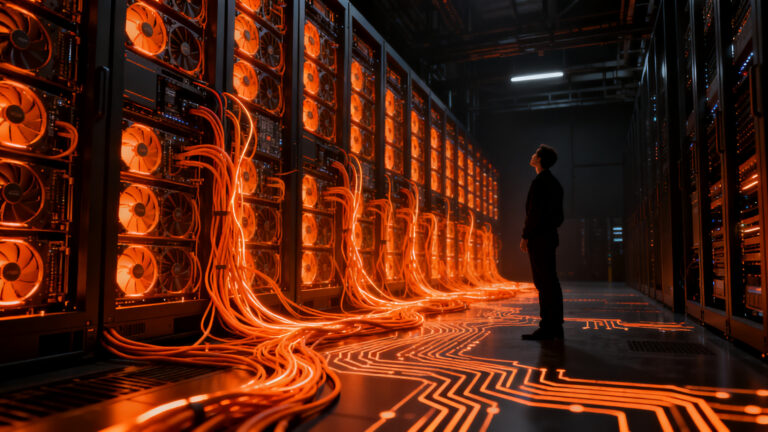 Founder analizando costos de infraestructura IA y clusters GPU en un entorno de alta tecnología.