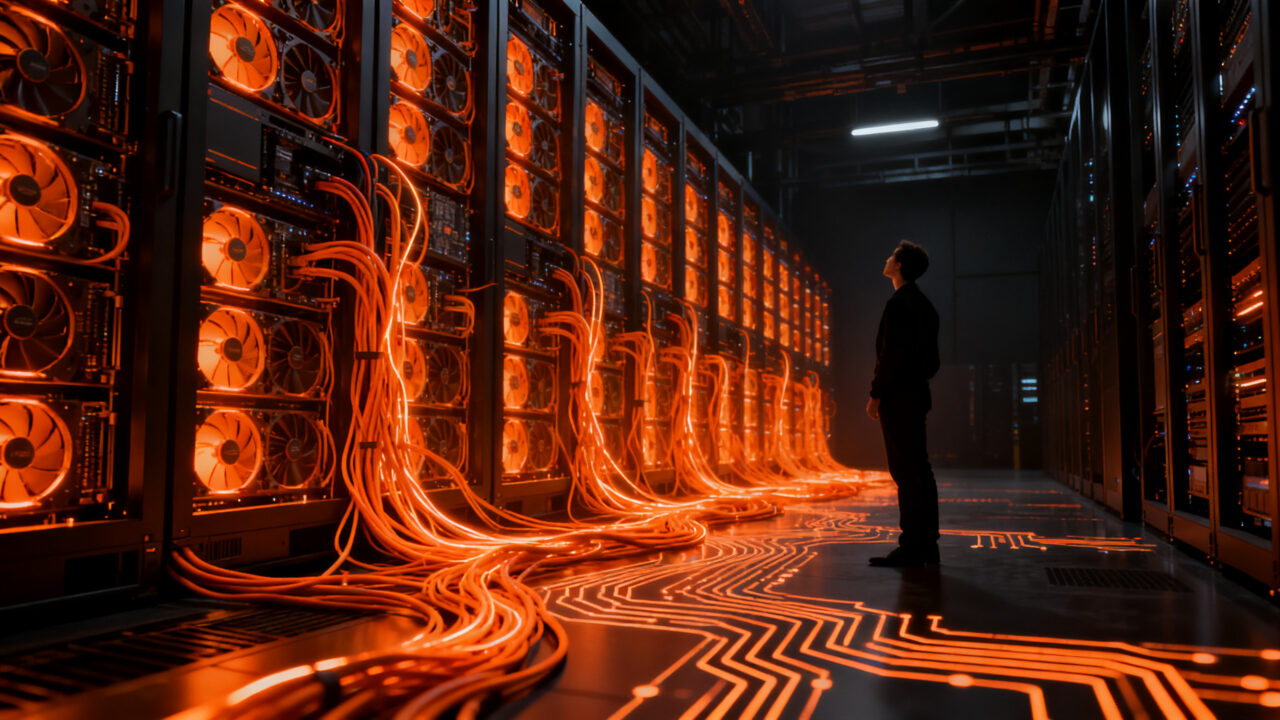 Founder analizando costos de infraestructura IA y clusters GPU en un entorno de alta tecnología.