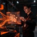 Ingeniero industrial especializado en IA analizando datos complejos en un entorno de trabajo tecnológico en Perú, representando la transformación digital y el talento tech.