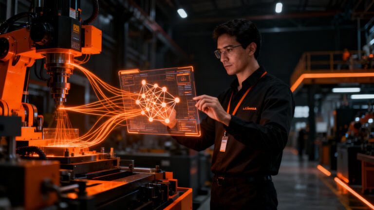 Ingeniero industrial especializado en IA analizando datos complejos en un entorno de trabajo tecnológico en Perú, representando la transformación digital y el talento tech.