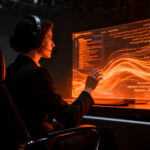 Intérprete profesional colaborando con una interfaz de IA avanzada en tiempo real, representando la automatización aumentada en el sector tecnológico.
