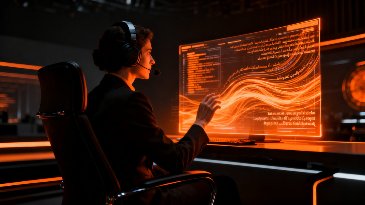 Intérprete profesional colaborando con una interfaz de IA avanzada en tiempo real, representando la automatización aumentada en el sector tecnológico.