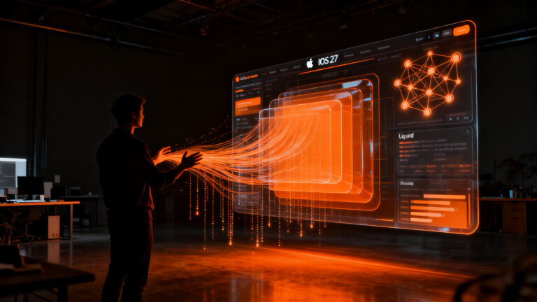 Silueta de desarrollador analizando arquitectura de aplicaciones iOS 27 y Apple Intelligence en un entorno tecnológico.