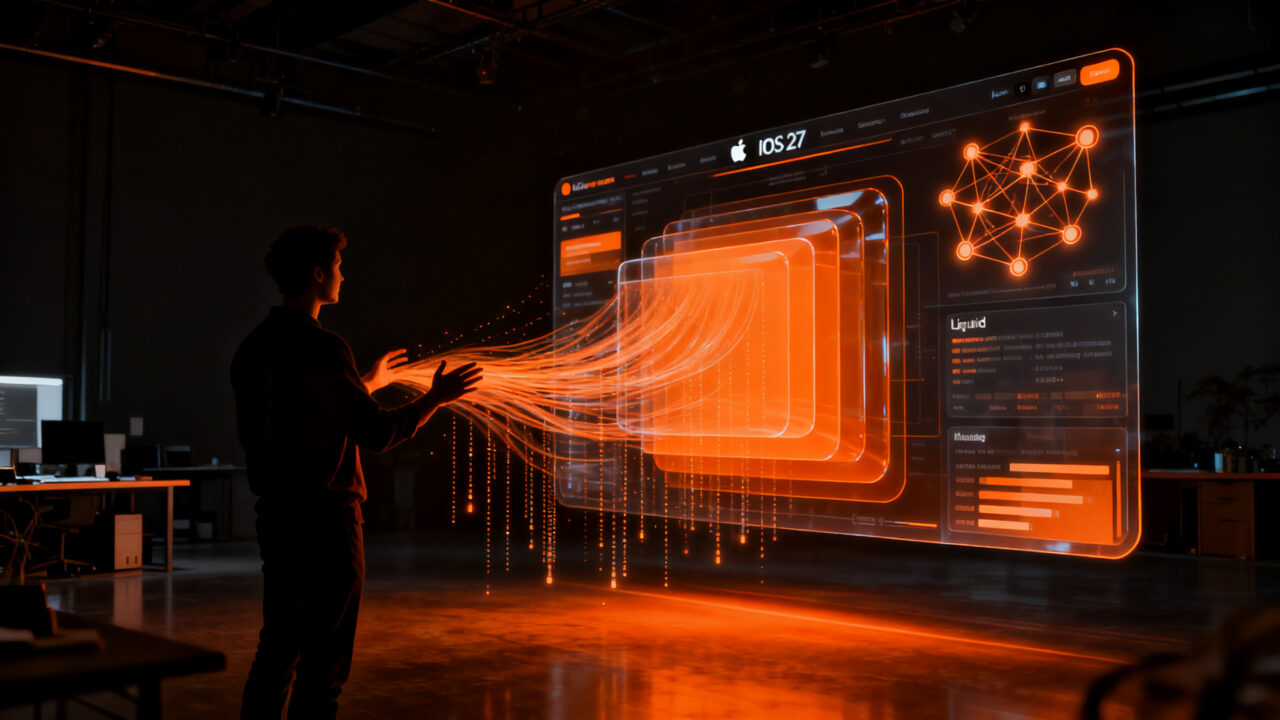 Silueta de desarrollador analizando arquitectura de aplicaciones iOS 27 y Apple Intelligence en un entorno tecnológico.