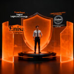 Escudo jurídico digital protegiendo emprendedor startup, representando seguro de defensa legal y certificación Enisa.