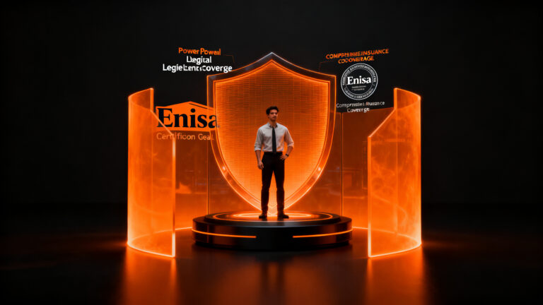 Escudo jurídico digital protegiendo emprendedor startup, representando seguro de defensa legal y certificación Enisa.
