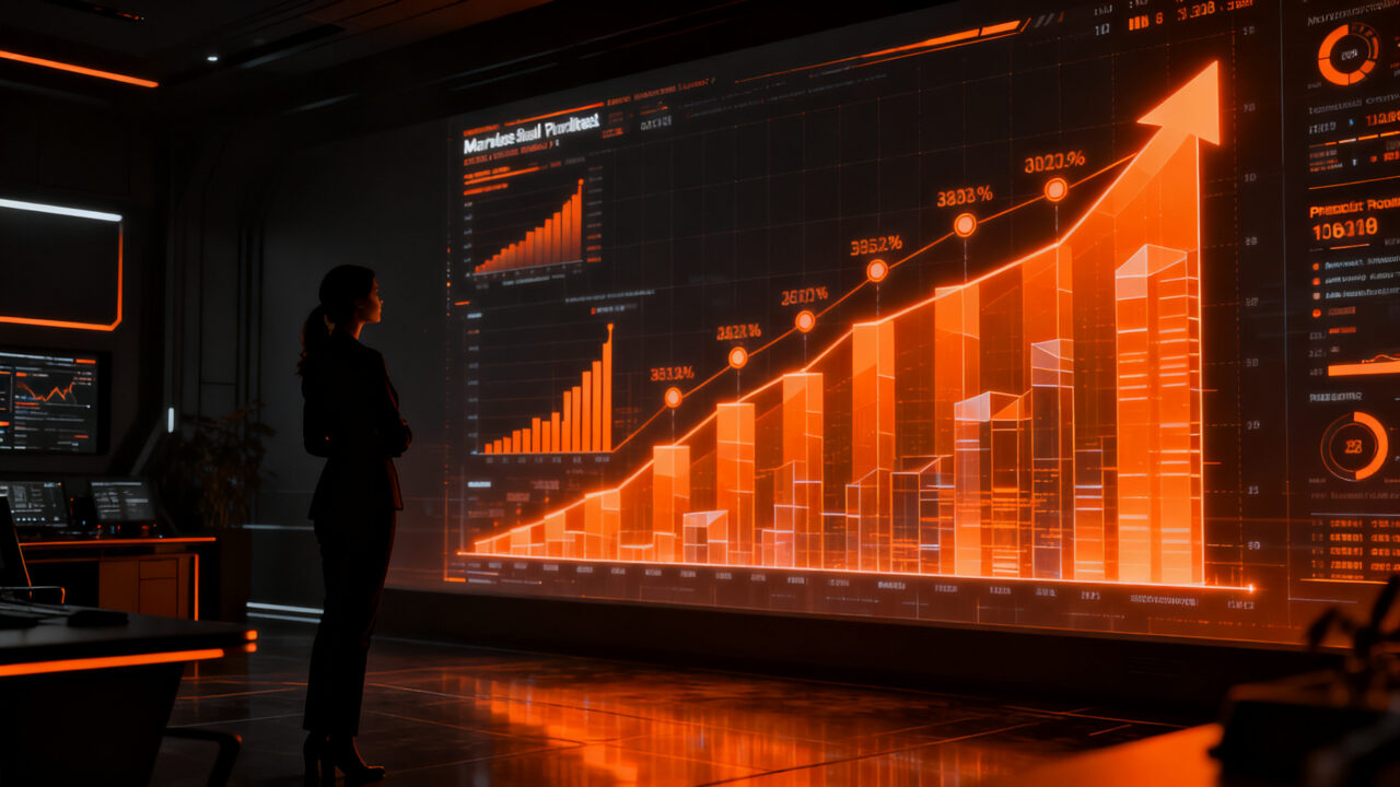 Fundadora analizando crecimiento financiero y valoración de mercado en una interfaz de predicción digital.