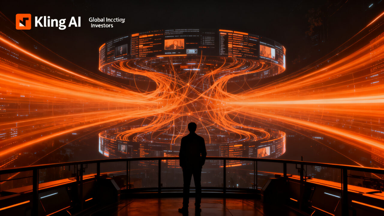 Fundador de startup observando una proyección holográfica de datos de IA generativa, representando la inversión en Kling AI y el crecimiento tecnológico global.