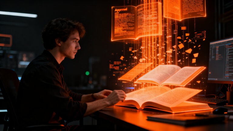 Editor analizando manuscritos digitales, representando el desafío de la moderación de contenido generado por IA en plataformas de autoedición.