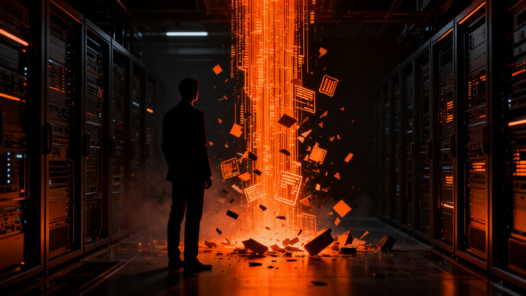 Representación visual de los riesgos de alucinaciones en la IA generativa, mostrando una figura profesional analizando datos digitales fallidos frente a una arquitectura de información colapsando.