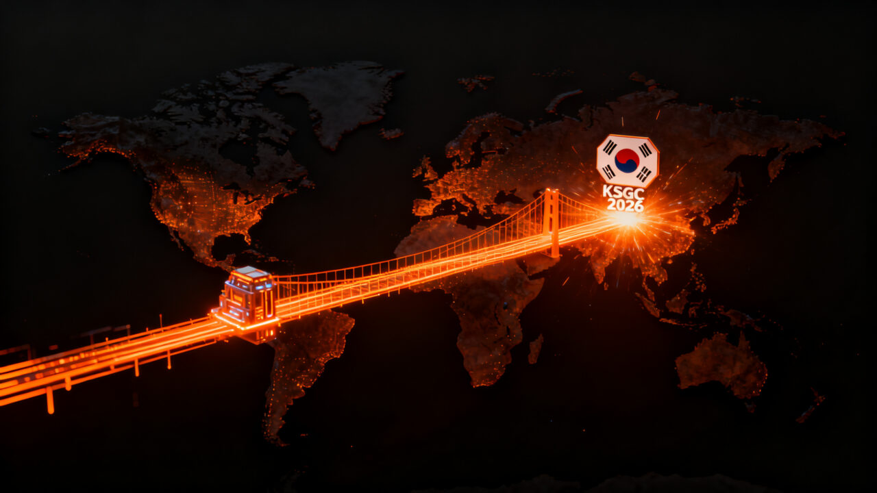 Puente digital conectando startups de LATAM con Corea del Sur, representando la expansión internacional y aceleración de negocios a través del KSGC 2026.