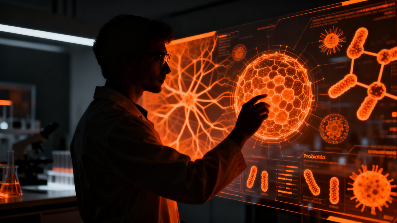 Emprendedor biotech trabajando en laboratorio con IA para probióticos personalizados de Liva Company en LATAM.