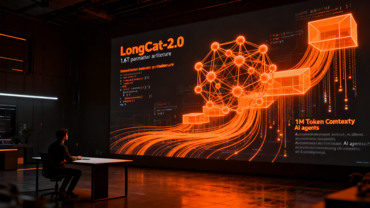 Desarrollador trabajando con el modelo LongCat-2.0, representando agentes autónomos y LLMs de contexto largo en el ecosistema startup.