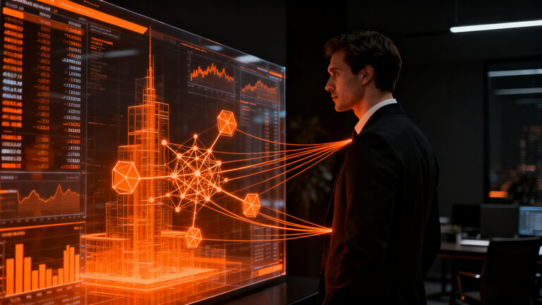 Ejecutivo fintech analizando datos financieros complejos integrados con IA, representando la adopción estratégica de ChatGPT Enterprise.