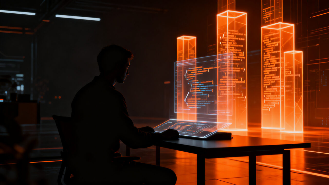 Programador trabajando en el desarrollo de software con el lenguaje de sistemas Mach, analizando el futuro de la infraestructura tecnológica.