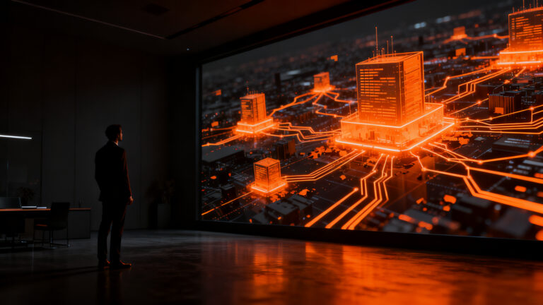 Impacto de la automatización por IA en startups: silueta de ejecutivo ante una red de datos corporativos tras el ERE en Magnific.