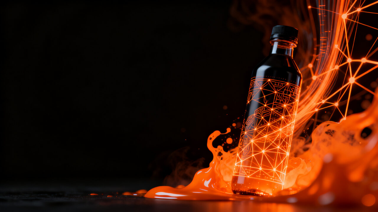 Botella de bebida funcional emergiendo de luz digital, representando el pivote estratégico de Mahou YUZZ hacia el consumo de la Generación Z y la co-creación con influencers.