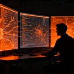 Analista de ciberseguridad investigando código malicioso en una infraestructura crítica para proteger startups, concepto de seguridad informática.