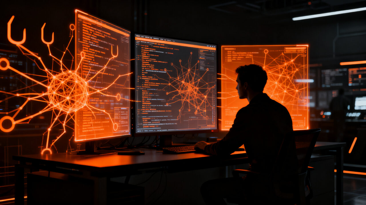 Analista de ciberseguridad investigando código malicioso en una infraestructura crítica para proteger startups, concepto de seguridad informática.
