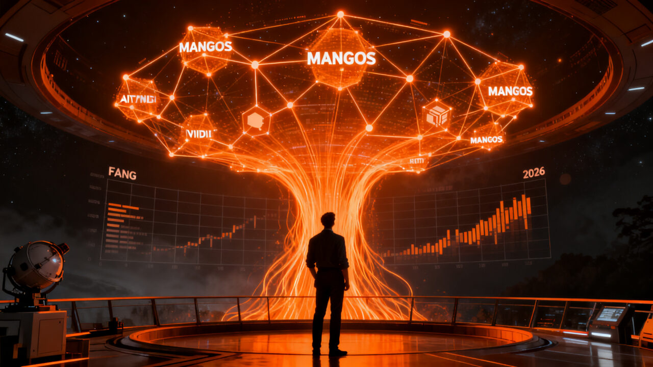 Líderes de startups analizando el dominio de MANGOS en el mercado tecnológico de 2026 frente a FAANG.