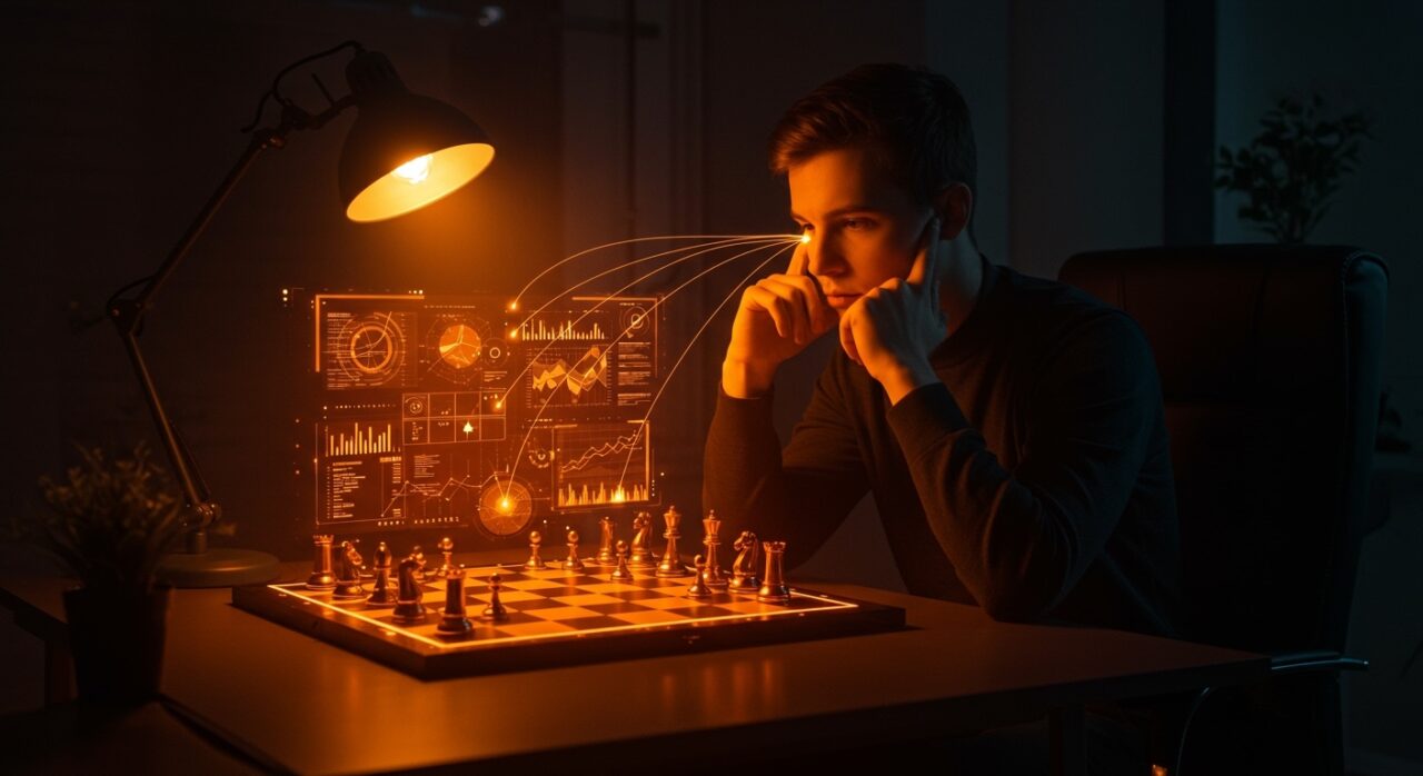 Estratega estoico frente a un tablero de ajedrez digital, representando la gestión de estrés y resiliencia emocional para fundadores de startups.