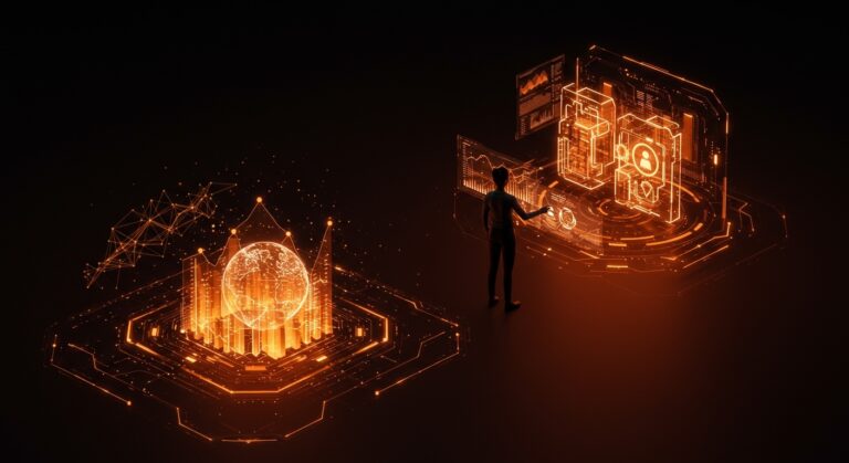 Visión futurista de una startup impulsada por IA con elementos de crecimiento y escalabilidad global en colores naranja y negro.