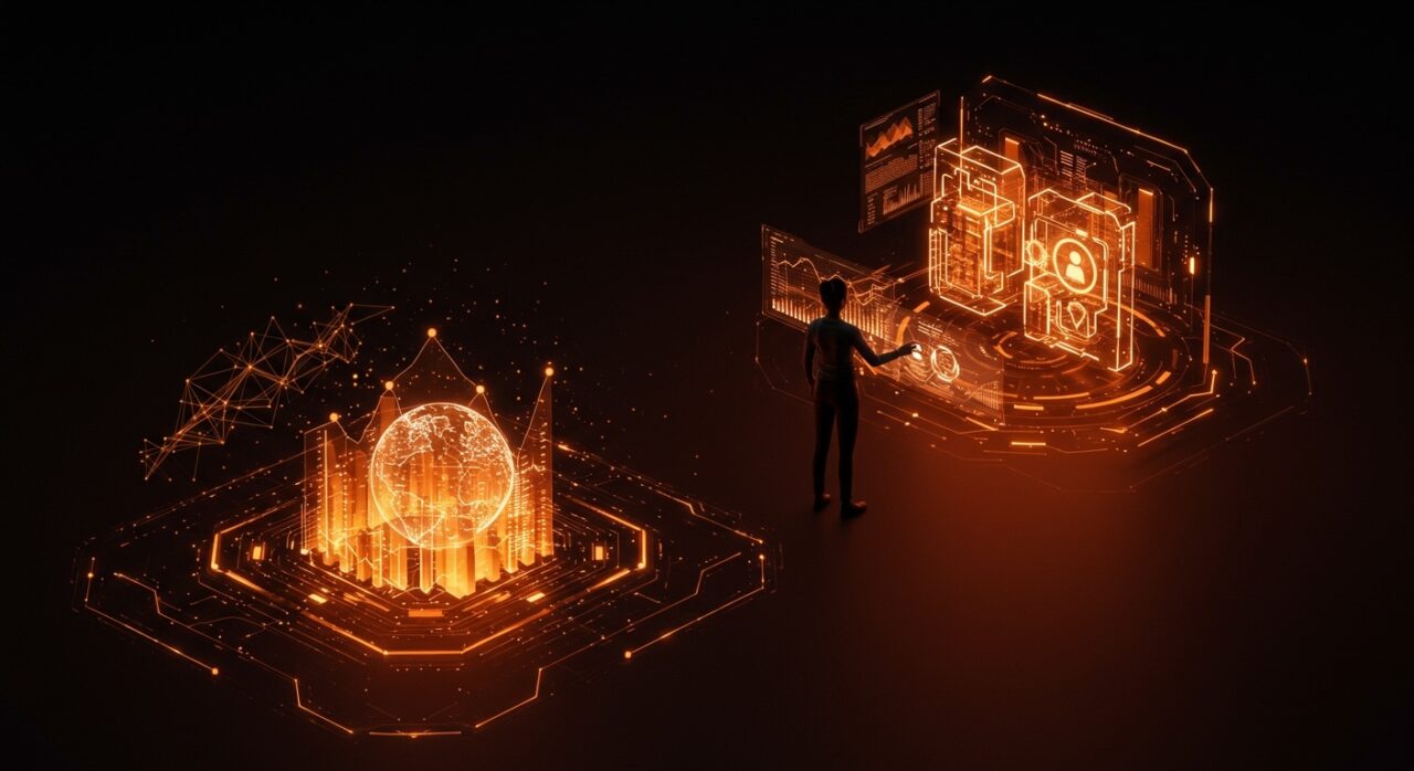 Visión futurista de una startup impulsada por IA con elementos de crecimiento y escalabilidad global en colores naranja y negro.