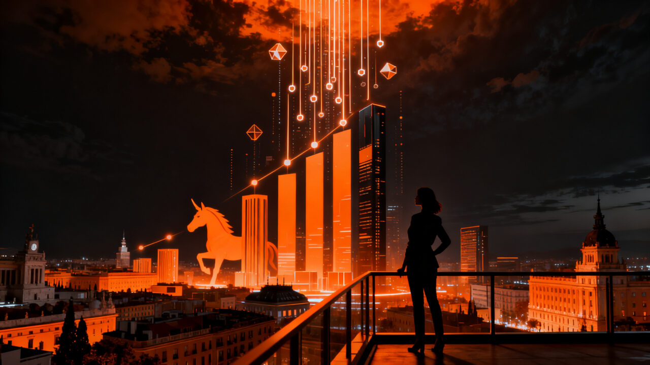 María Benjumea y Madrid como hub tecnológico global, simbolizando el crecimiento del ecosistema startup y la inversión en innovación.