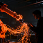 Ingeniero de machine learning trabajando en un brazo robótico industrial avanzado, representando la búsqueda de talento para Mbodi AI.