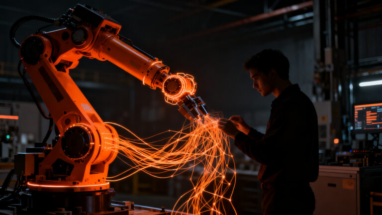 Ingeniero de machine learning trabajando en un brazo robótico industrial avanzado, representando la búsqueda de talento para Mbodi AI.