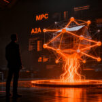 Arquitectura de agentes IA con MCP y A2A para founders, representando escalabilidad y protocolos avanzados en tecnología.