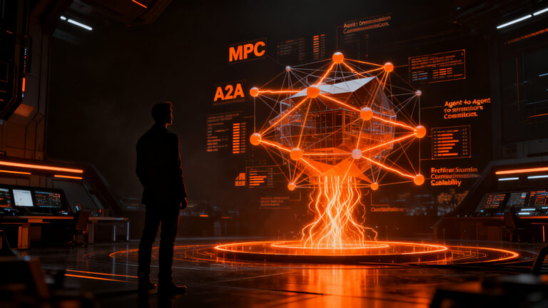 Arquitectura de agentes IA con MCP y A2A para founders, representando escalabilidad y protocolos avanzados en tecnología.