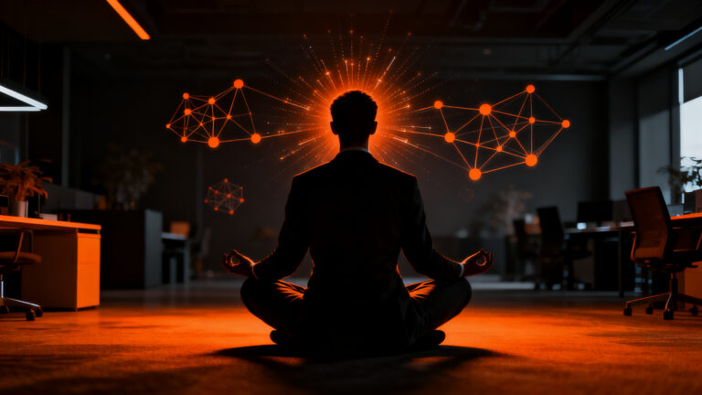 Founder practicando meditación consciente para mejorar el rendimiento cognitivo y la toma de decisiones en startups.