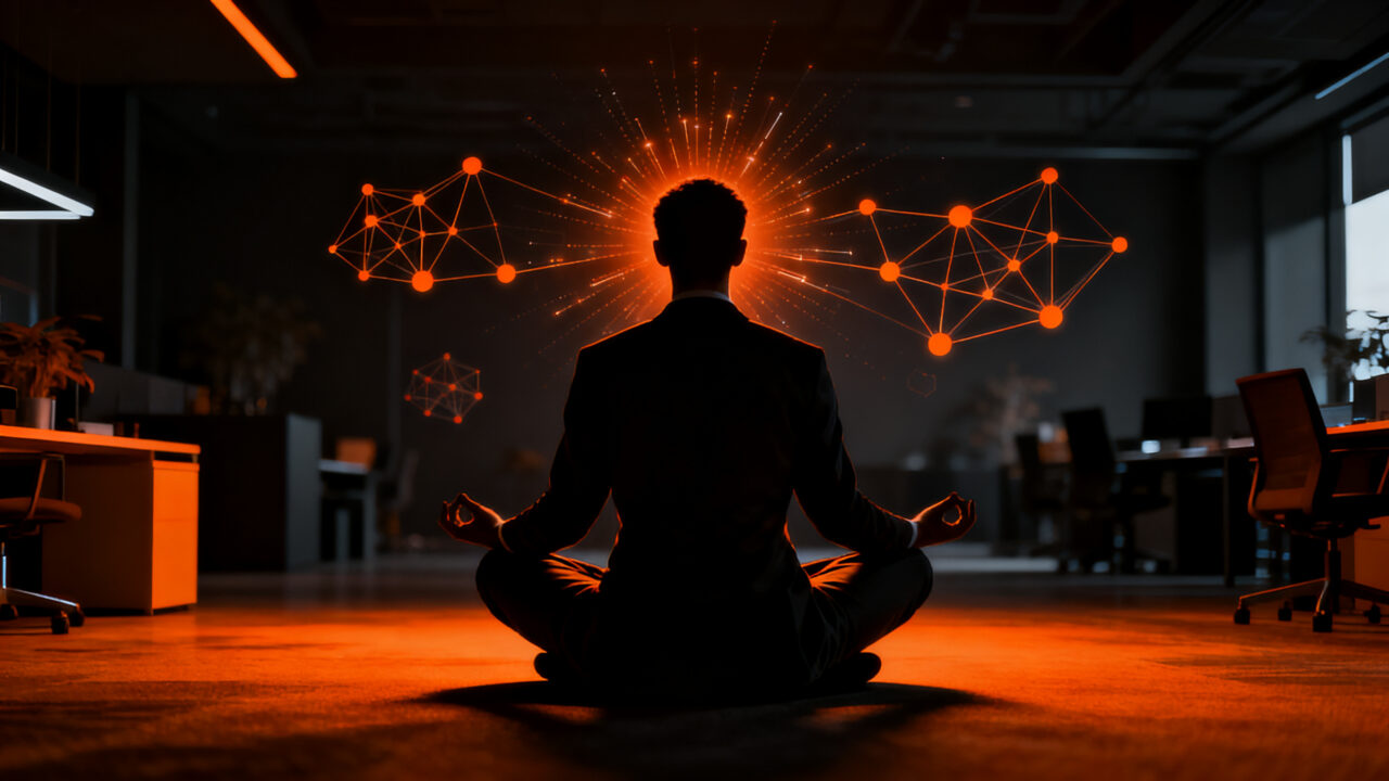 Founder practicando meditación consciente para mejorar el rendimiento cognitivo y la toma de decisiones en startups.