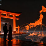 Pareja de novios celebrando una boda destino en un templo tradicional japonés con tecnología moderna, simbolizando el crecimiento del mercado turístico.