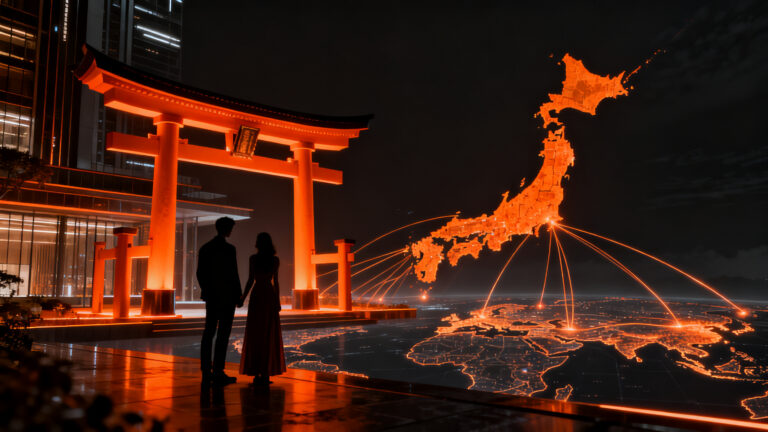 Pareja de novios celebrando una boda destino en un templo tradicional japonés con tecnología moderna, simbolizando el crecimiento del mercado turístico.