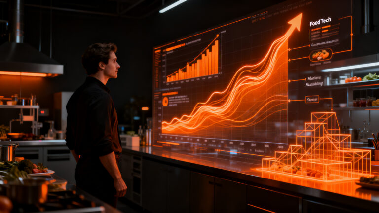 Análisis de mercado FoodTech: emprendedor observando datos de crecimiento en comida preparada y retail.