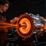 Ingeniero trabajando en motor de flujo axial YASA de Mercedes-Benz, innovación en electromovilidad y deeptech automotriz.