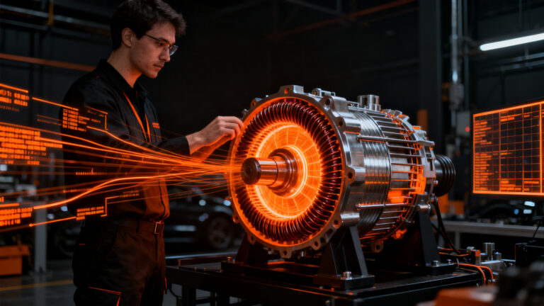 Ingeniero trabajando en motor de flujo axial YASA de Mercedes-Benz, innovación en electromovilidad y deeptech automotriz.