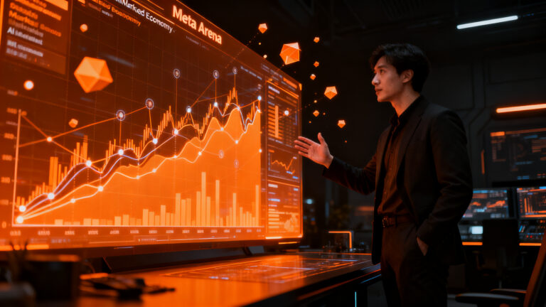 Usuario interactuando con una interfaz holográfica de mercados de predicción, representando la tendencia de Meta Arena y la economía de puntos.