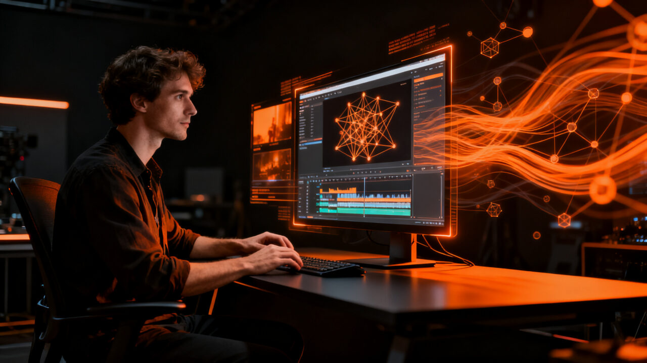 Creador de contenido utilizando herramientas de IA para edición de video, representando la evolución del video marketing en 2026.