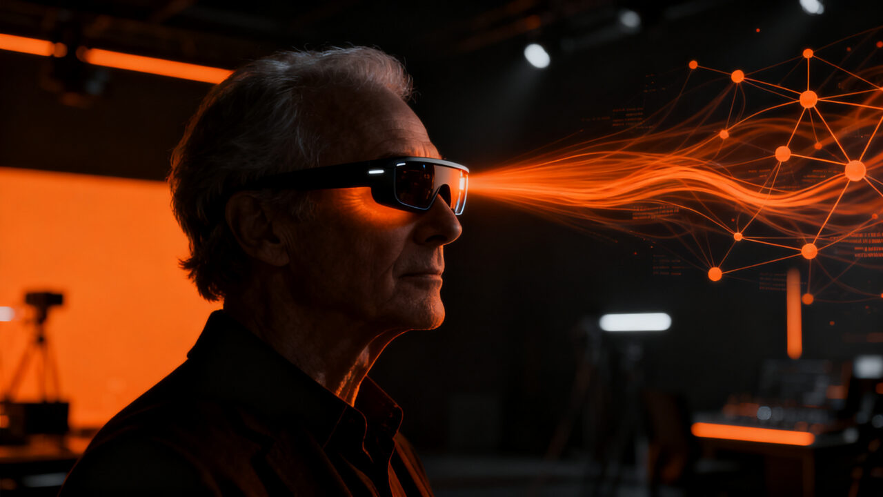 Veterano interactuando con gafas de IA multimodal para accesibilidad, representando el futuro de los wearables y la tecnología asistiva.