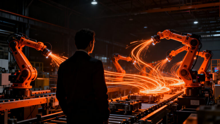 Emprendedor supervisando una línea de producción automatizada con cobots en México, simbolizando la revolución de la manufactura 2026.