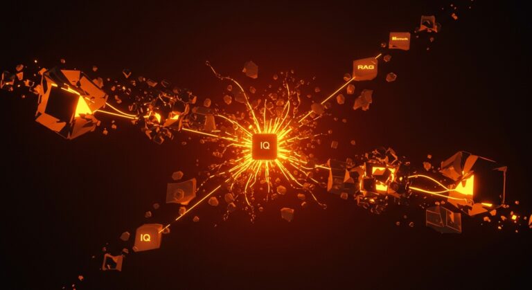 Visualización de agentes de IA empresariales unificando silos de datos en Microsoft Build 2026 con colores naranja y negro.