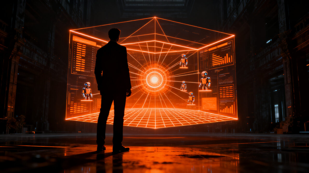Agentes de IA empresarial supervisados por un profesional en un entorno de datos unificados, representando Microsoft IQ.