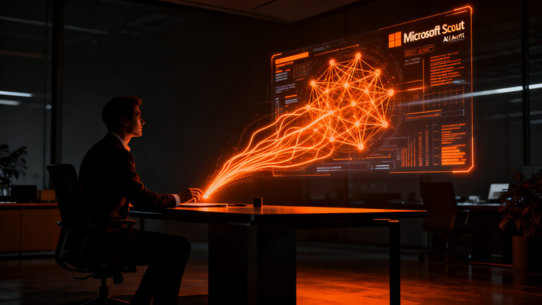 Agente de IA autónomo Microsoft Scout optimizando el flujo de trabajo en entorno empresarial digital.
