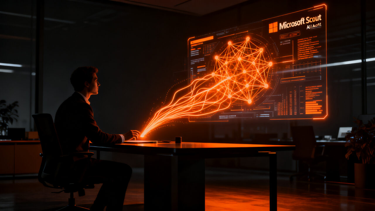 Agente de IA autónomo Microsoft Scout optimizando el flujo de trabajo en entorno empresarial digital.