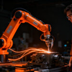 Operario supervisando un brazo robótico cobot FANUC en una planta de manufactura avanzada, representando la automatización industrial.