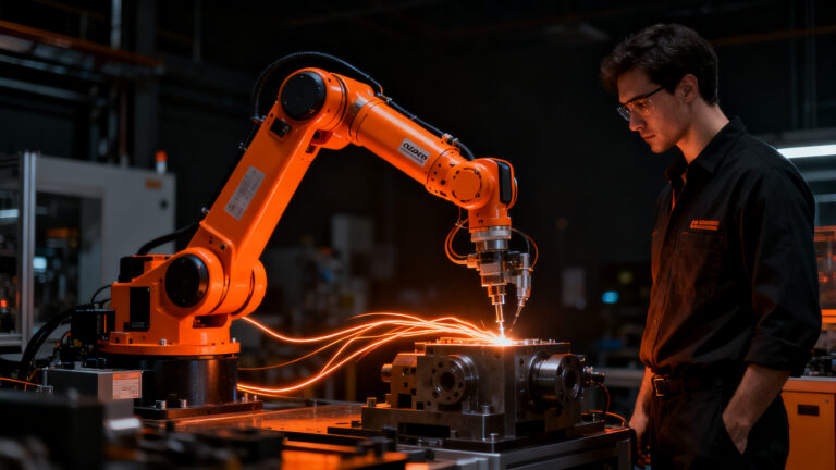 Operario supervisando un brazo robótico cobot FANUC en una planta de manufactura avanzada, representando la automatización industrial.