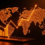 Gráfico financiero ascendente y redes neuronales representando el crecimiento bursátil de una startup de IA tras su IPO.